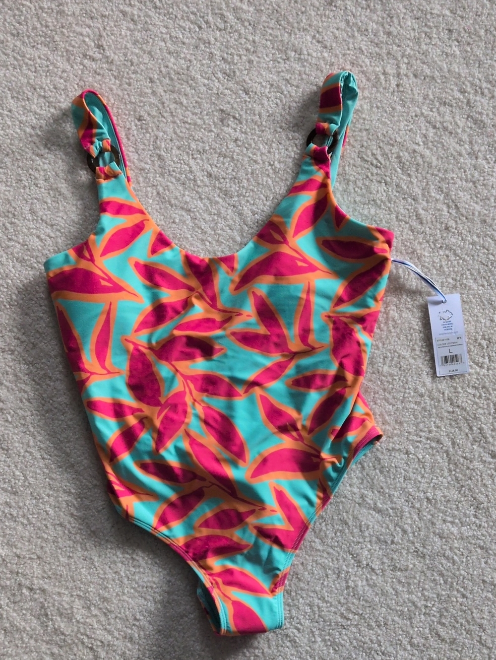 Southern Tide One-Piece Swimsuit in Turquoise with Pink & Orange Leaf Print
